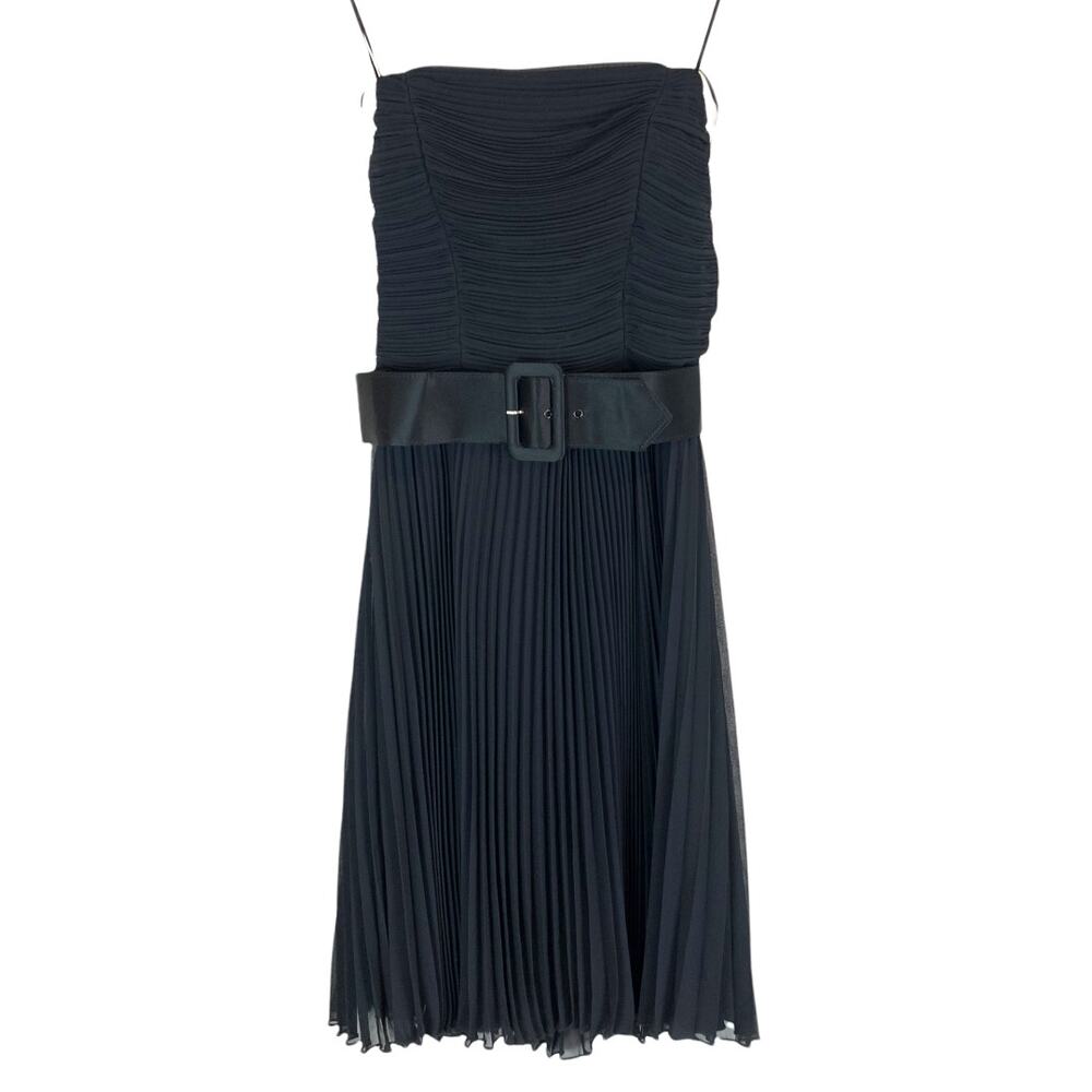 ABS Allen Schwartz Pleated Cocktail Little Black Dress LBD Midi Belt Strapless 6